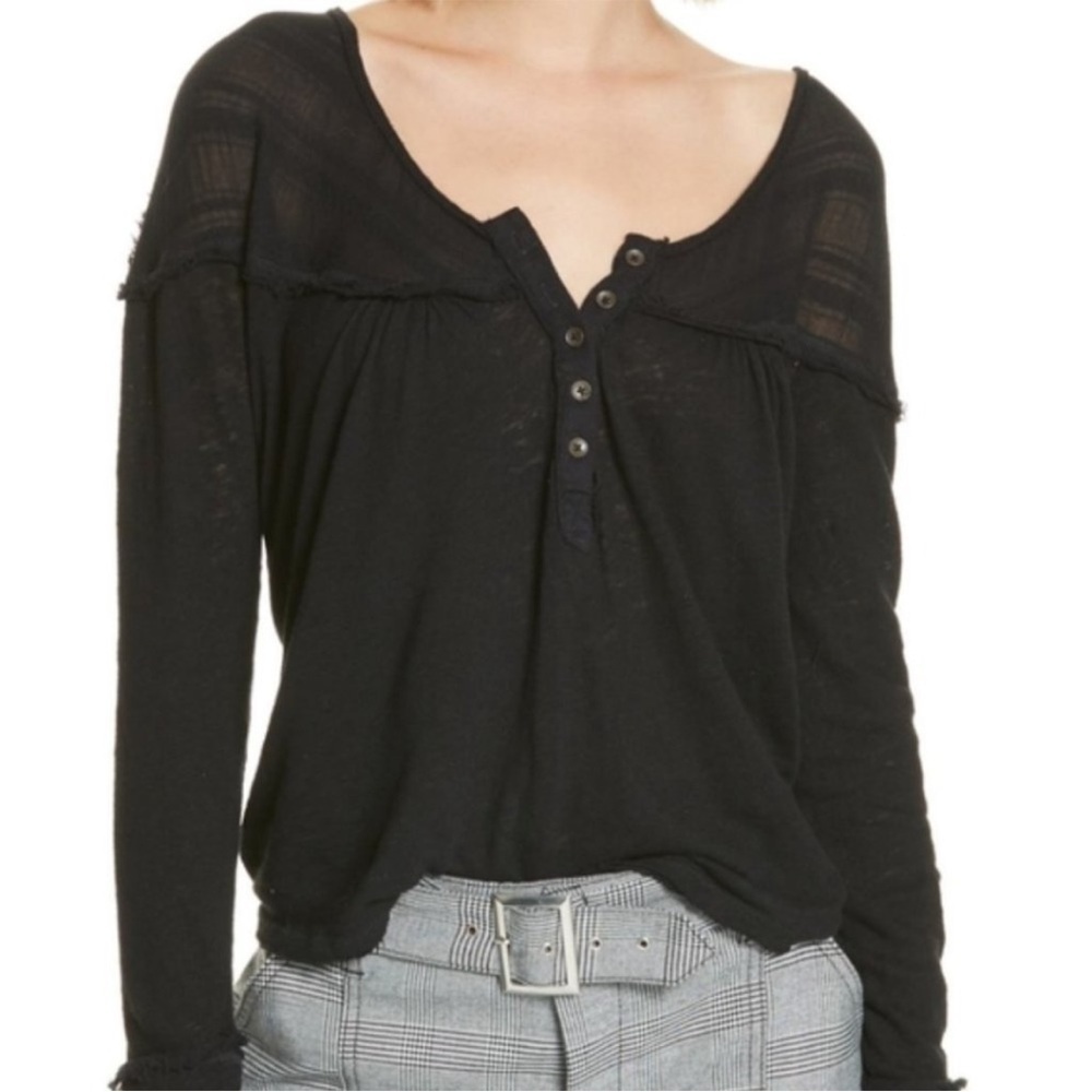 Free People SMALL Down Under Raw-Trim Henley We The Free Boho Top Blouse Black